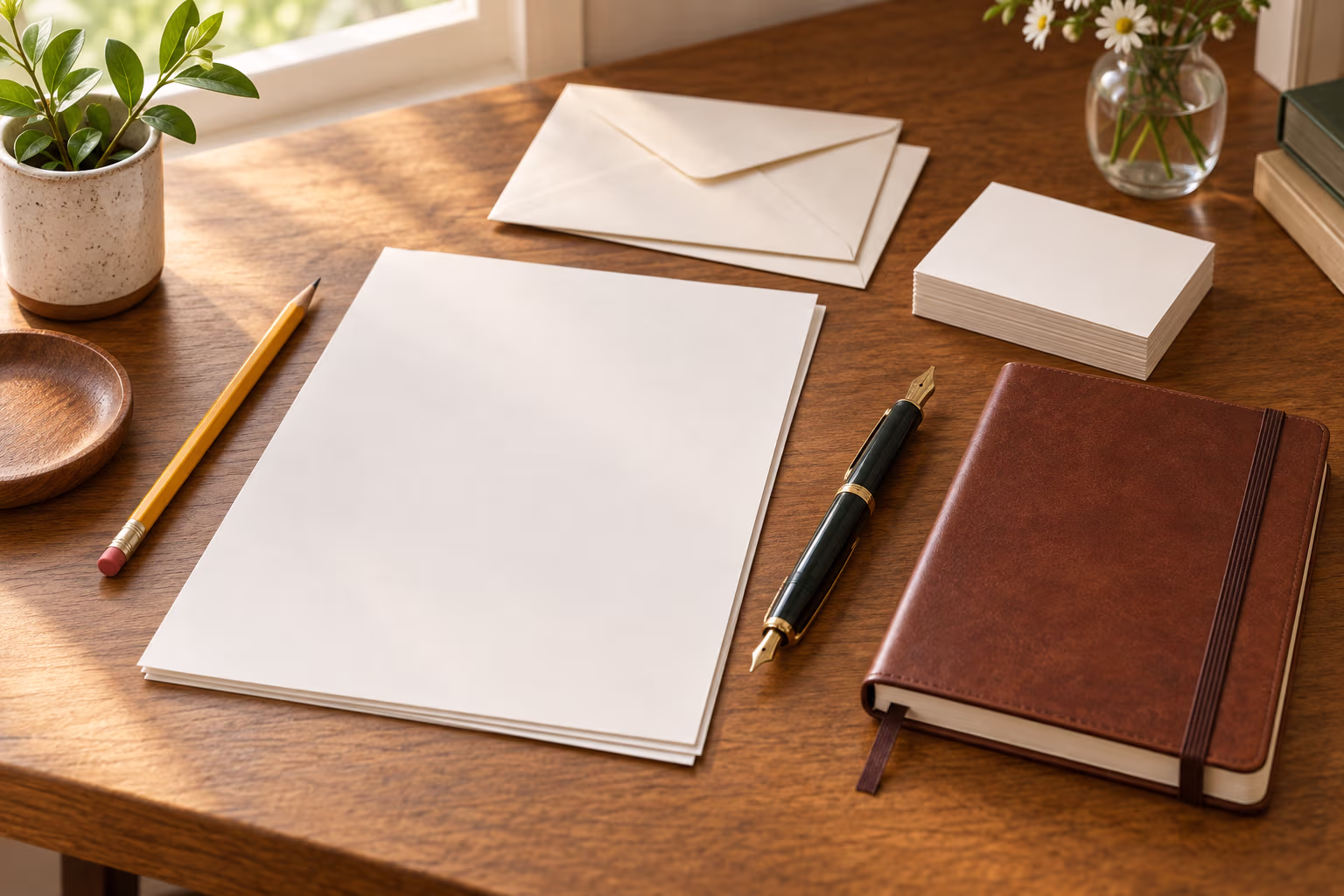 Paper, envelopes, cards, a pencil, and a fountain pen arranged on a writing desk.