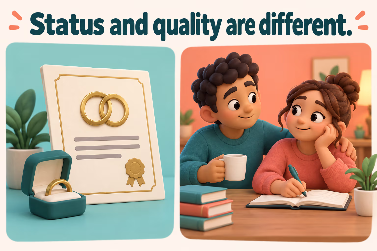 Status and quality are different. Illustration contrasts marital-status symbols with an everyday supportive action.