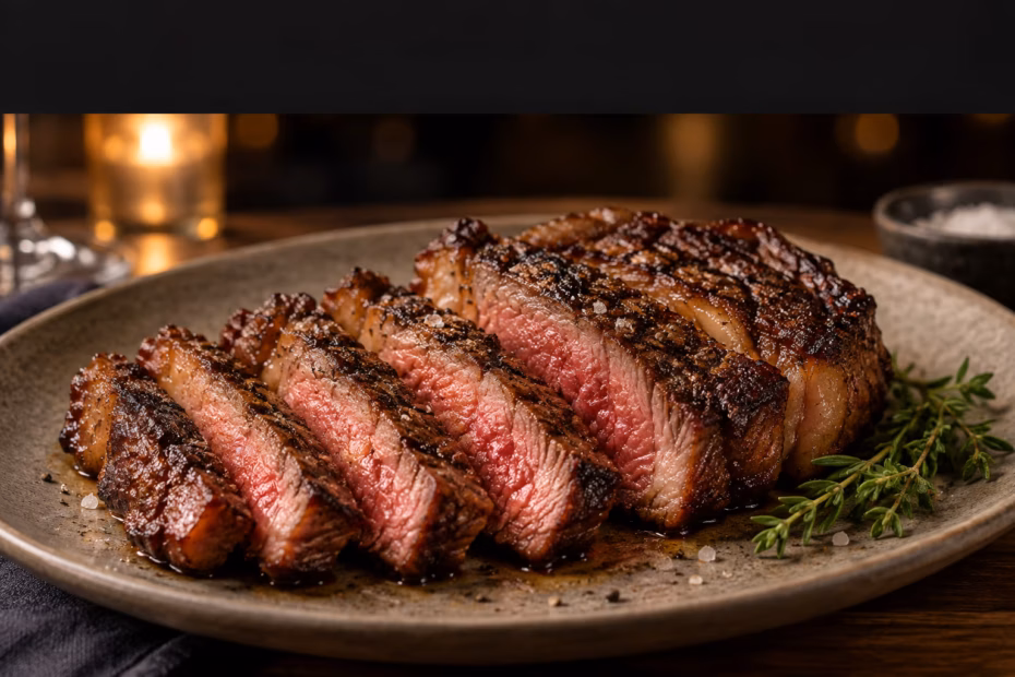 Sliced grilled steak with a browned crust and rosy center