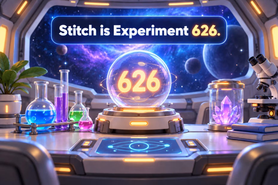 A glowing space laboratory display marked 626 with the label Stitch is Experiment 626.