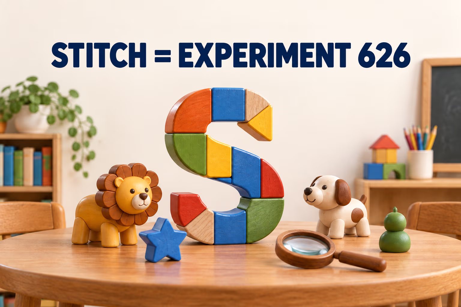 A playful 3D letter S classroom illustration labeled Stitch equals Experiment 626.