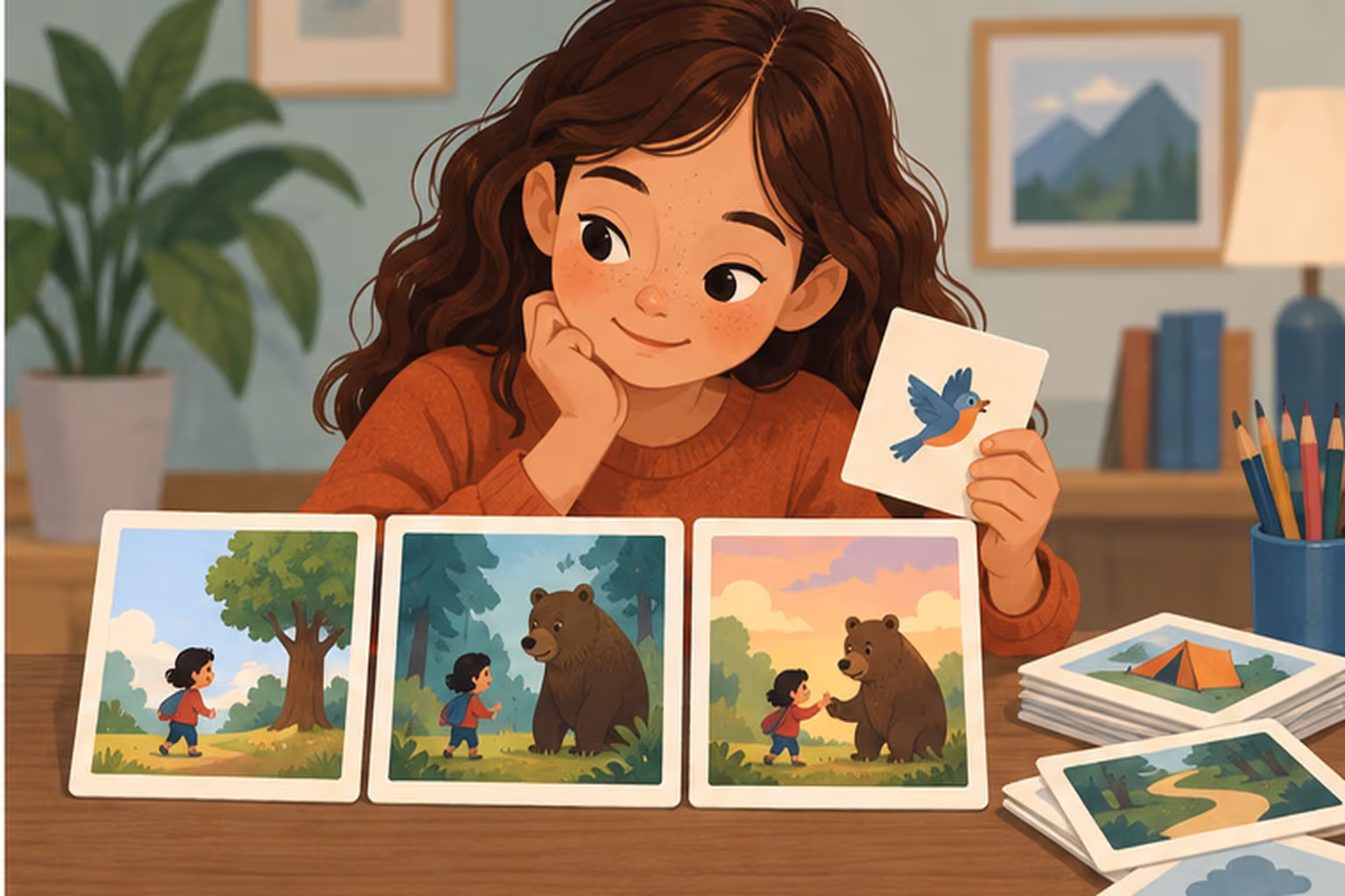 A writer organizes picture cards showing connected scenes into a story order.