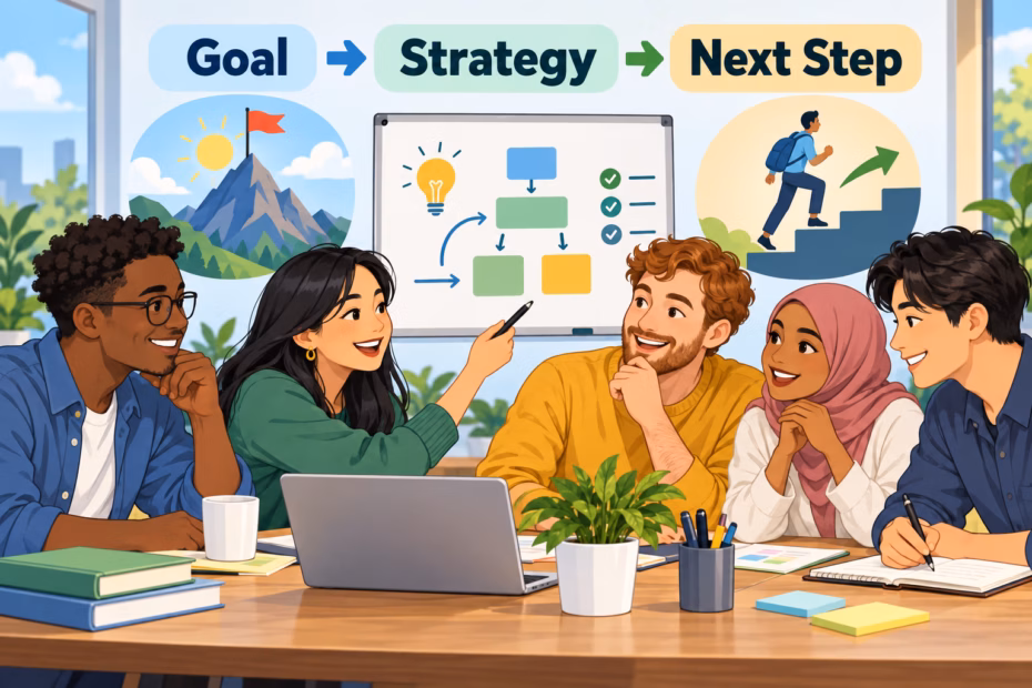 An educational illustration connects a clear goal with a strategy and a practical next step.