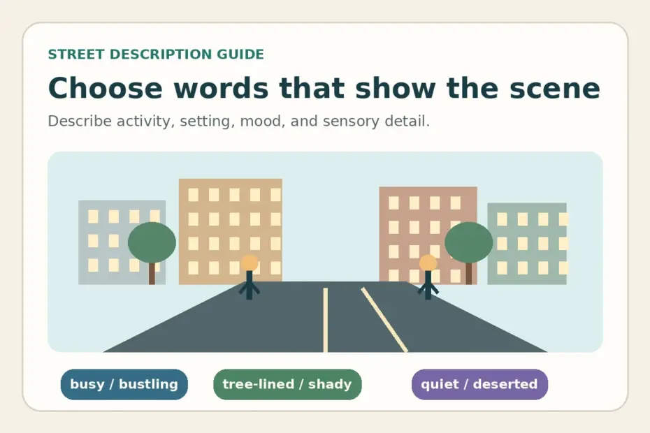 Street description guide showing a city street and example adjectives for activity, greenery, and quiet.