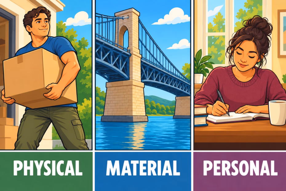 Three illustrated examples distinguish physical strength, a sturdy structure, and personal resolve.