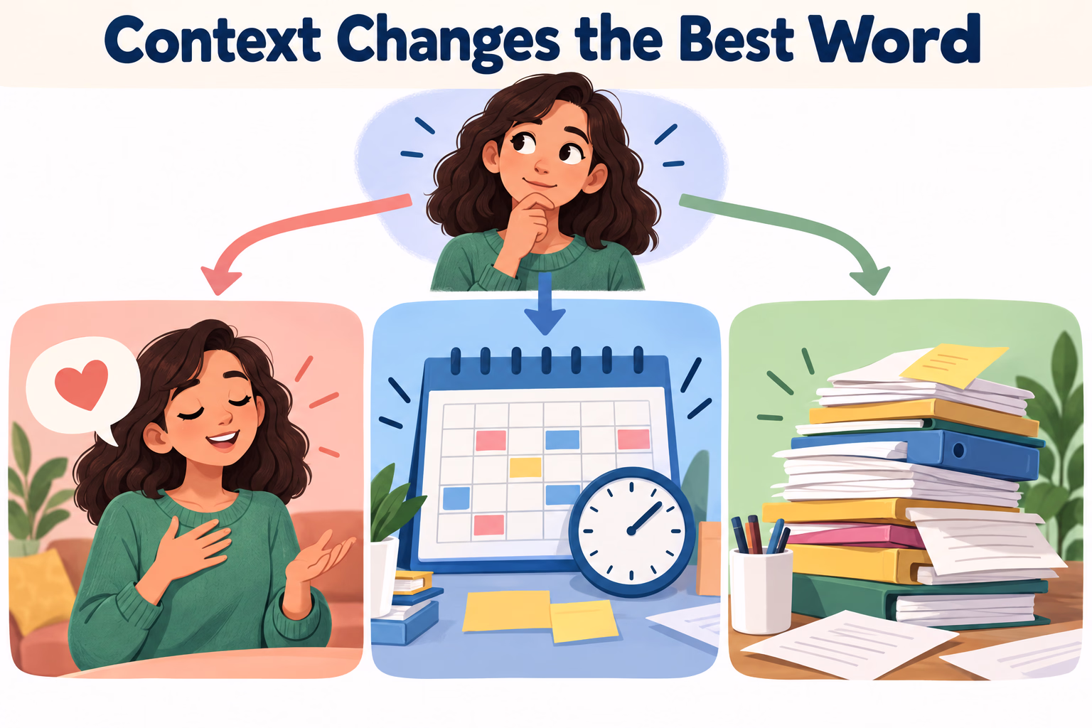 A language illustration compares describing a person’s stated feeling, a stressful situation, and a demanding task.