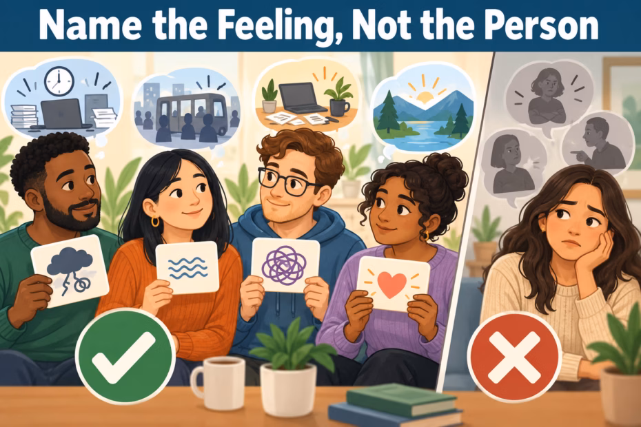 A supportive vocabulary illustration groups adjectives for stress and anxiety by feeling and context, with a reminder to describe a moment rather than define a person.