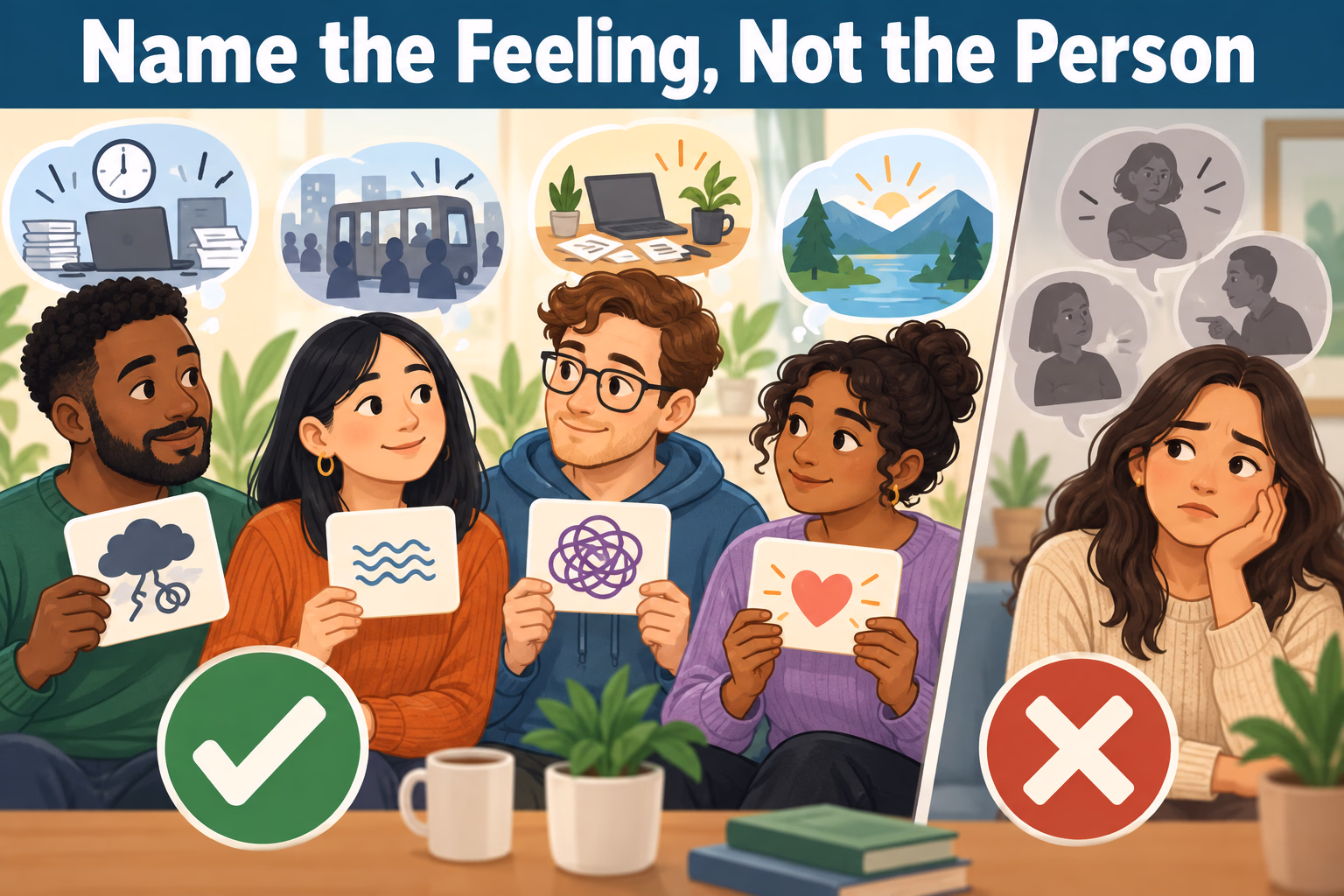 A supportive vocabulary illustration groups adjectives for stress and anxiety by feeling and context, with a reminder to describe a moment rather than define a person.