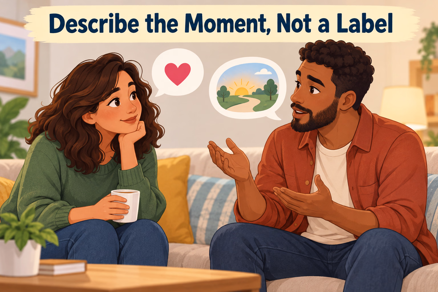 A person-centered language reminder says to describe a moment or feeling instead of assigning a label to someone.