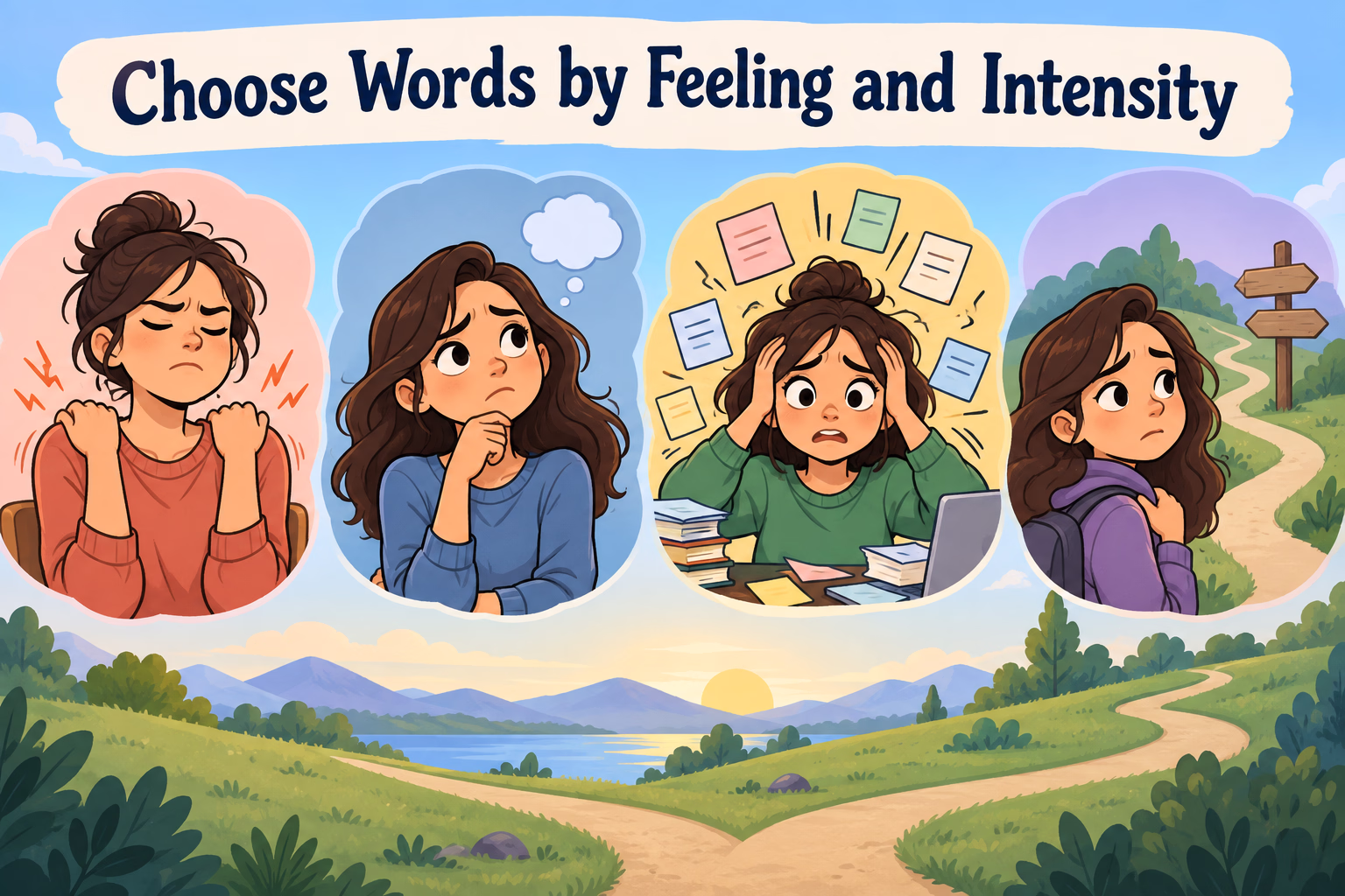 An educational word map groups tense, worried, overwhelmed, and uneasy by their different shades of meaning.