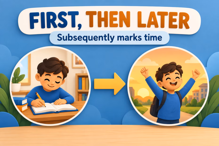 A timeline shows a student completing one task and later celebrating another, illustrating that subsequently marks time order.