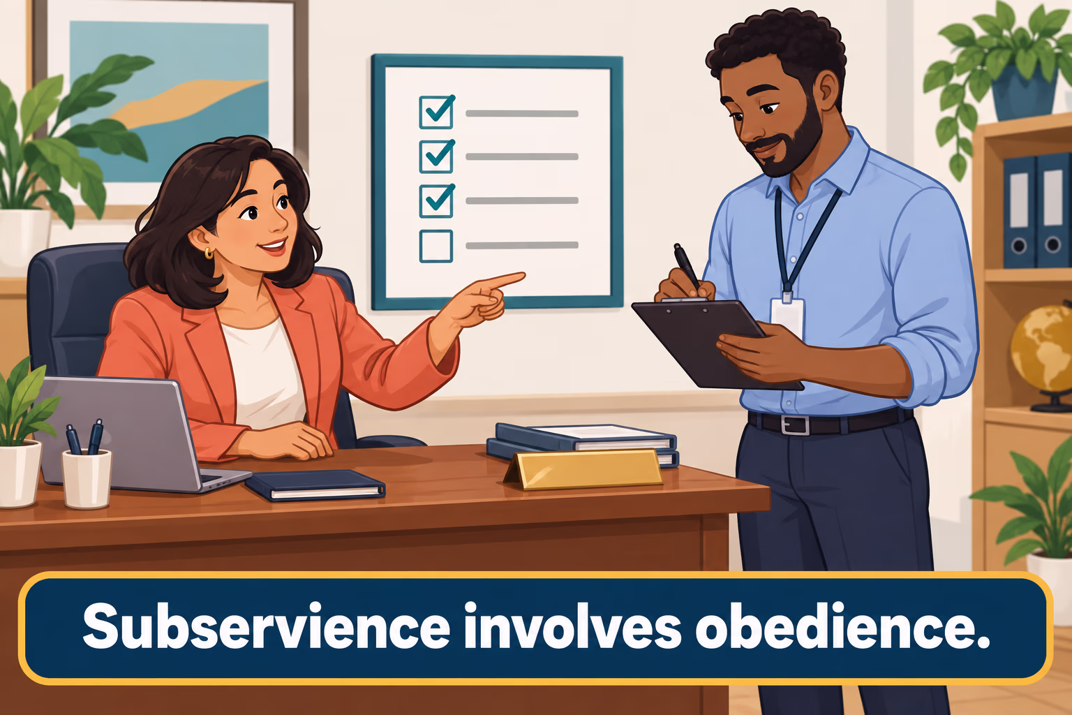 A manager gives an employee a task; following one instruction alone does not establish a broader pattern of subservience.