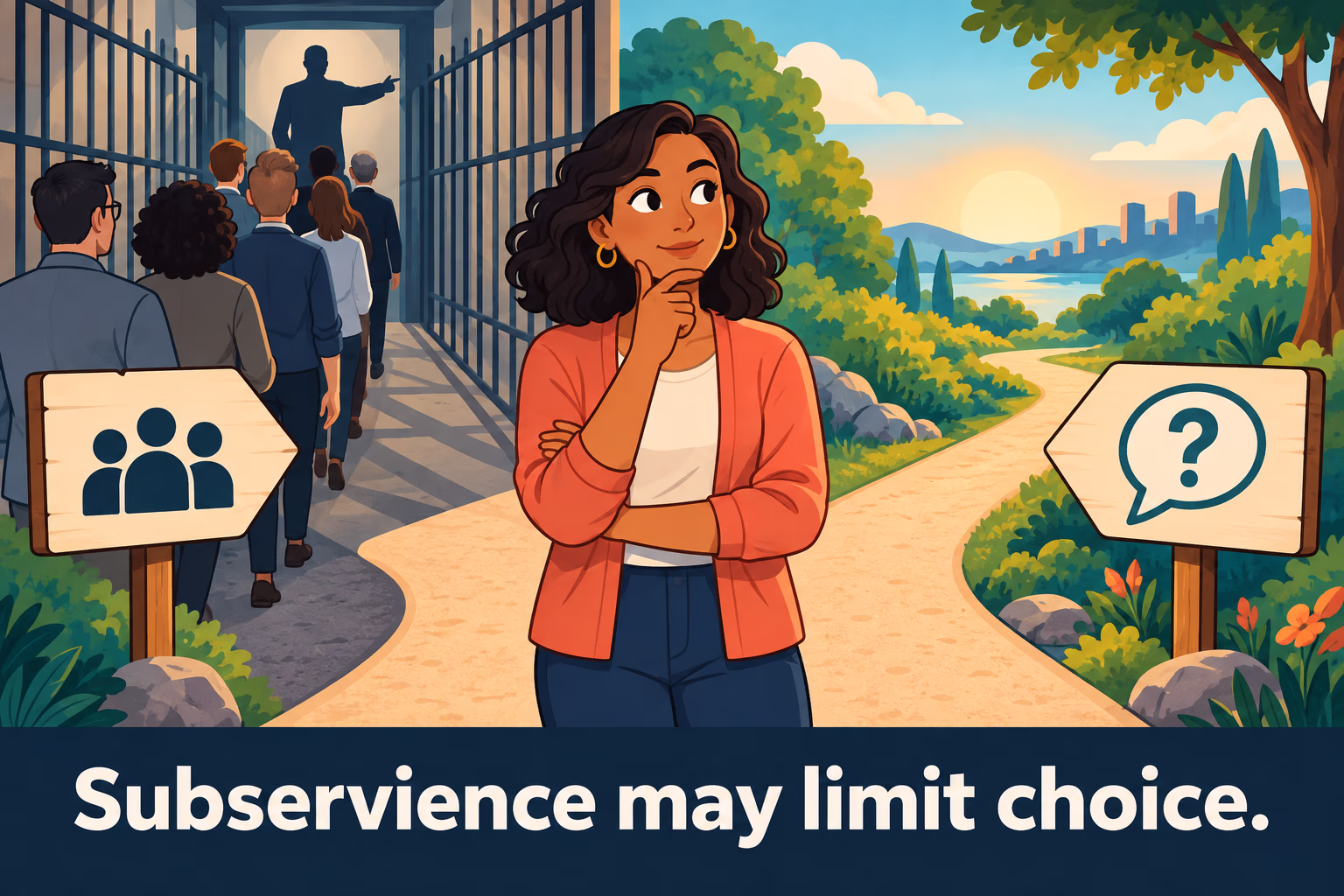A person considers whether to follow a group’s direction or speak up, illustrating how subservience may limit choice