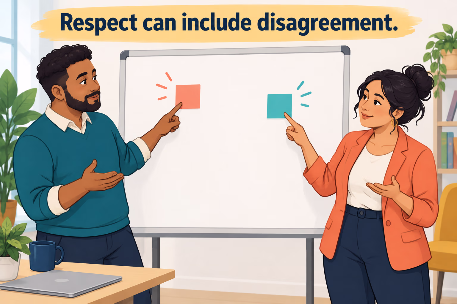 Two colleagues disagree respectfully, showing that respect can coexist with independent judgment