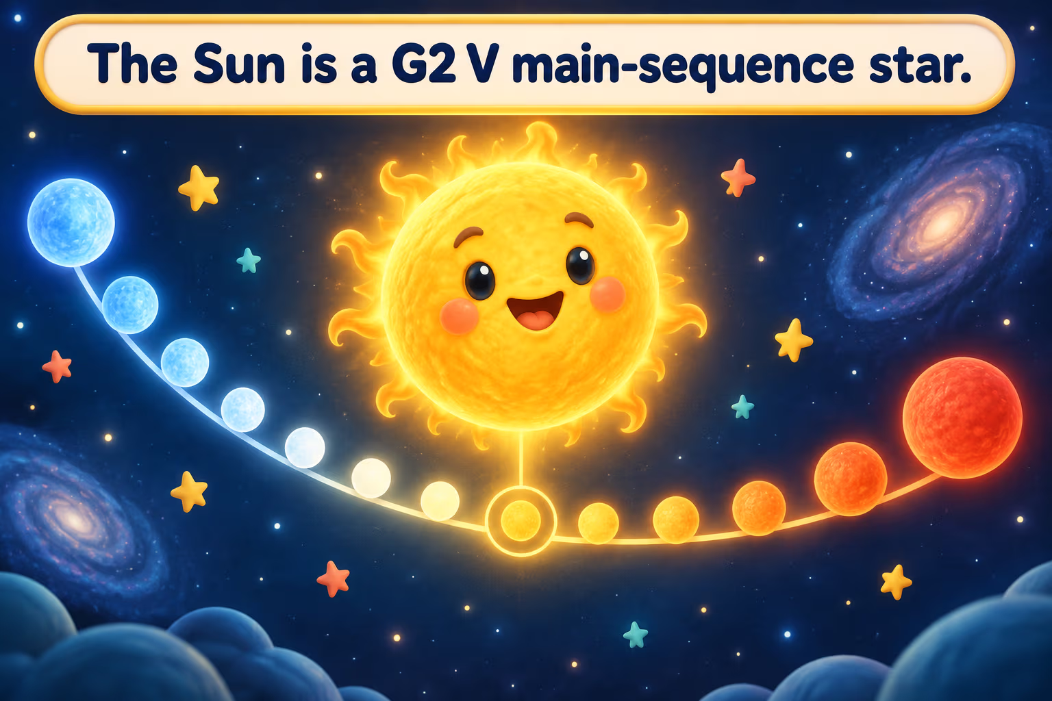 Cartoon Sun on a stellar classification diagram. The Sun is a G2 V main-sequence star.