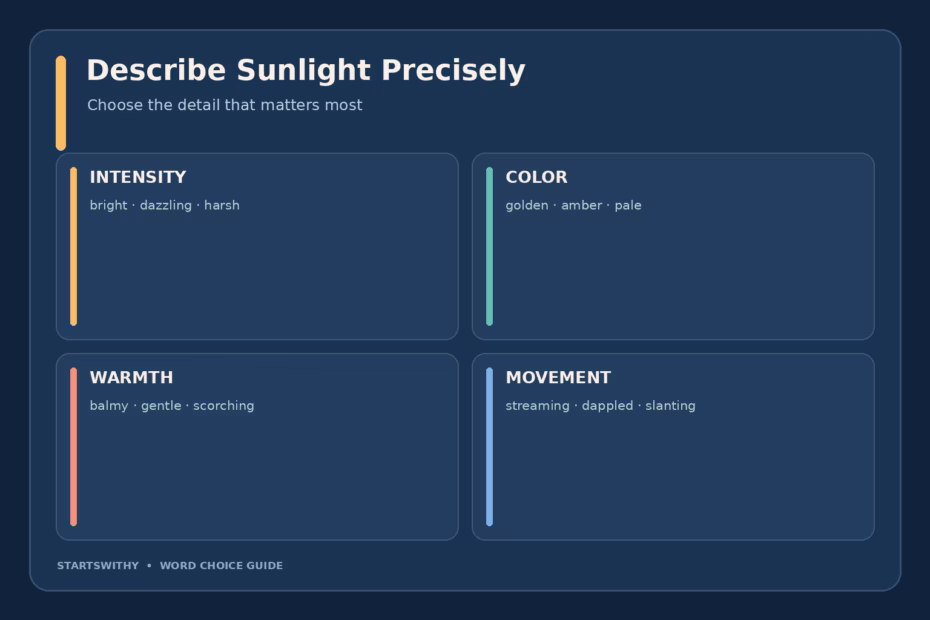 Sunlight word choice map: describe intensity as bright or harsh, color as golden or amber, warmth as warm or balmy, and movement as streaming or flickering.