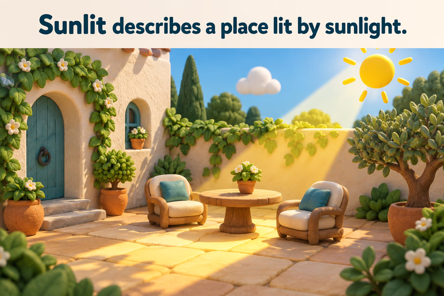 Cartoon sunny courtyard. Sunlit describes a place lit by sunlight.