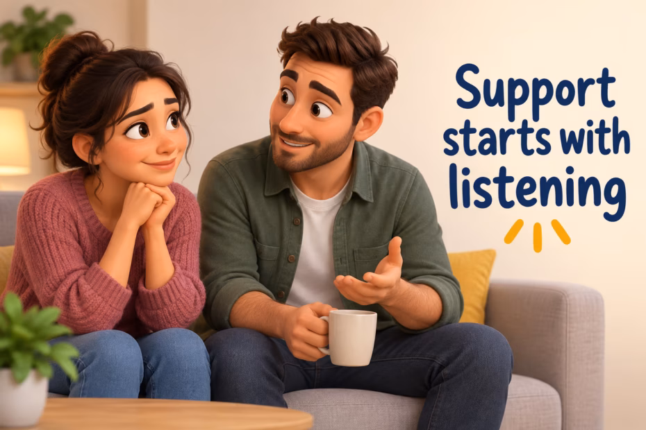 Two friends talk while one listens. Text: “Support starts with listening.”