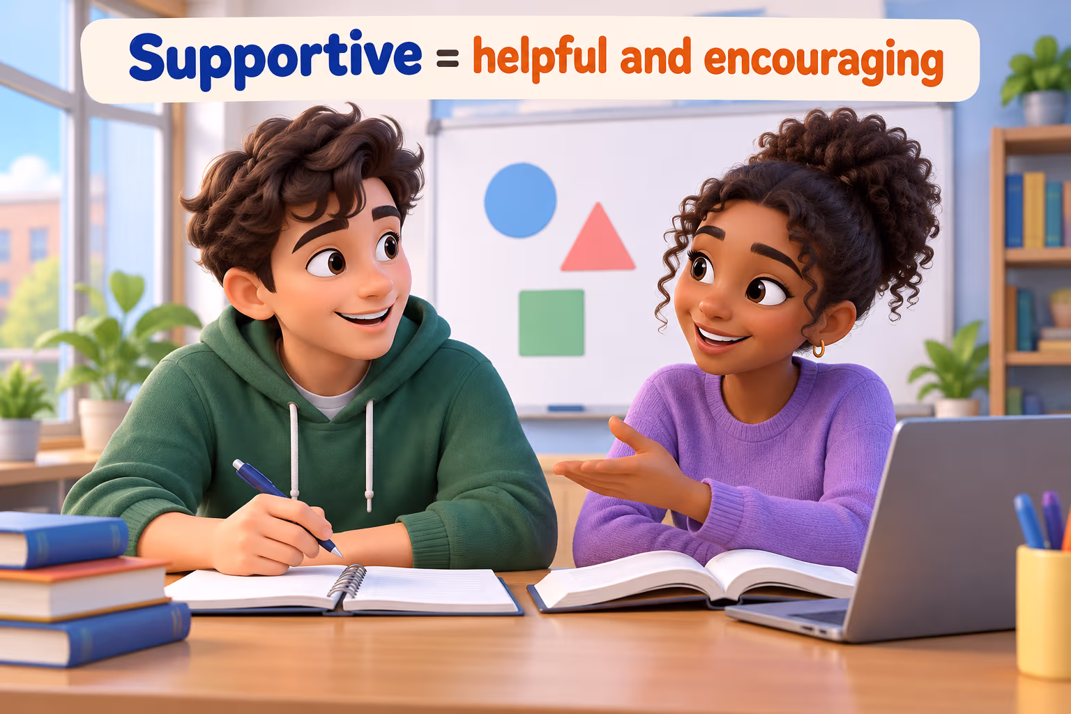 A student helps a classmate study. Text: “Supportive = helpful and encouraging.”