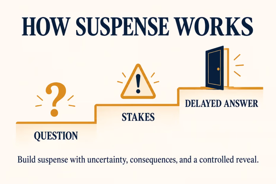Three steps for building suspense: raise a question, establish stakes, and delay the answer.