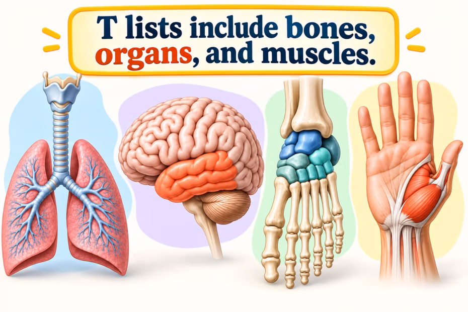 Anatomy collage of the trachea, temporal lobe, tarsal bones, and thumb beside the teaching point that T lists include bones, organs, and muscles.