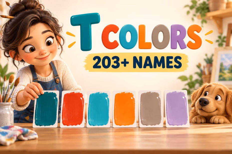 Friendly 3D cartoon artist beside colorful swatches, with the text T Colors and 203+ Names.