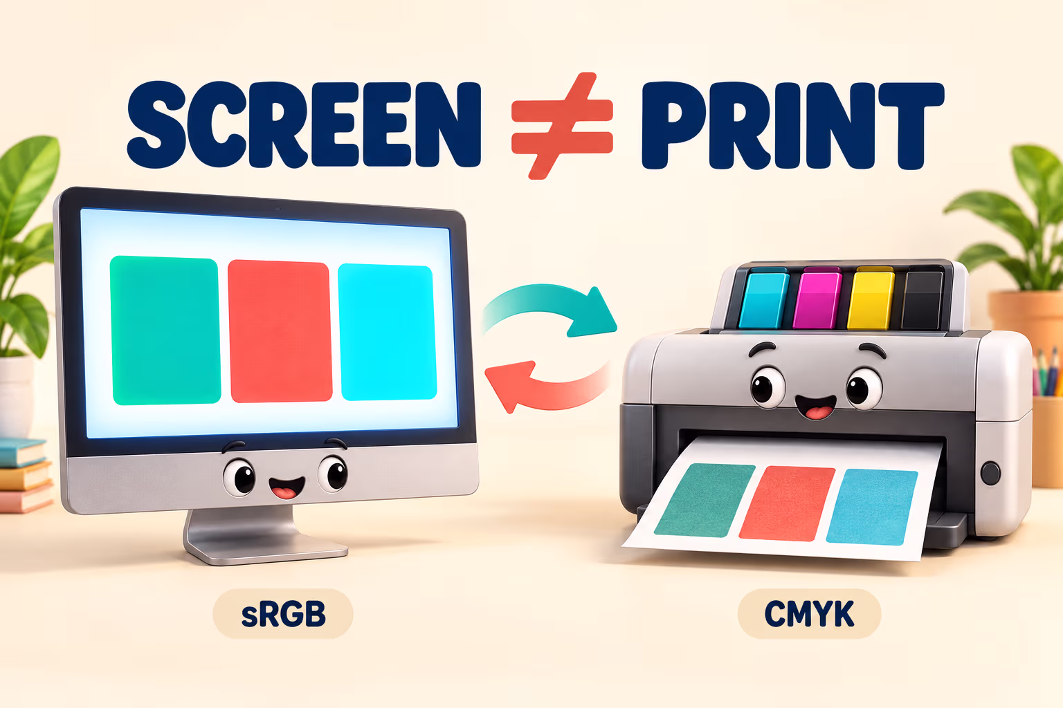 Friendly 3D animated monitor and printer illustrate the difference between sRGB screen color and CMYK printing under the words Screen Not Equal Print.