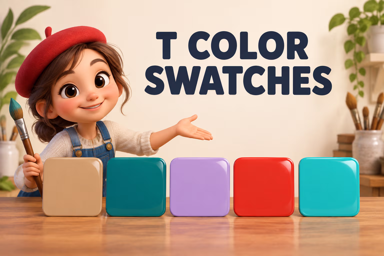 Friendly 3D cartoon artist presenting tan, teal, thistle, tomato, and turquoise swatches beneath the heading T Color Swatches.