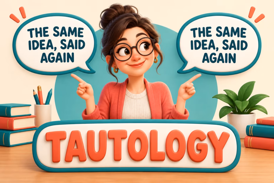 A cartoon editor points to matching speech bubbles above the word tautology, showing the same idea said again.