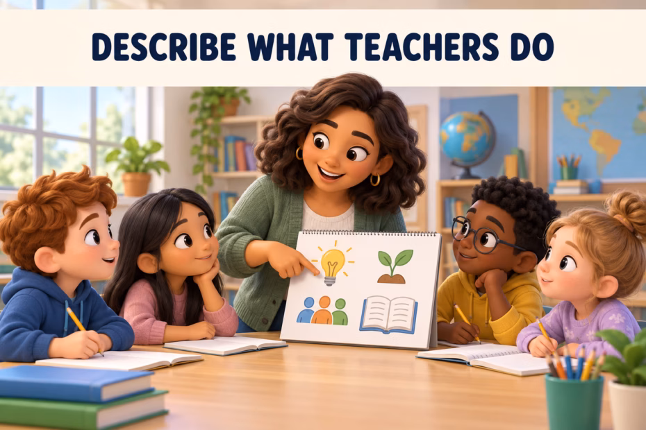A teacher guides a small group through a lesson with a visual chart and open notebook.