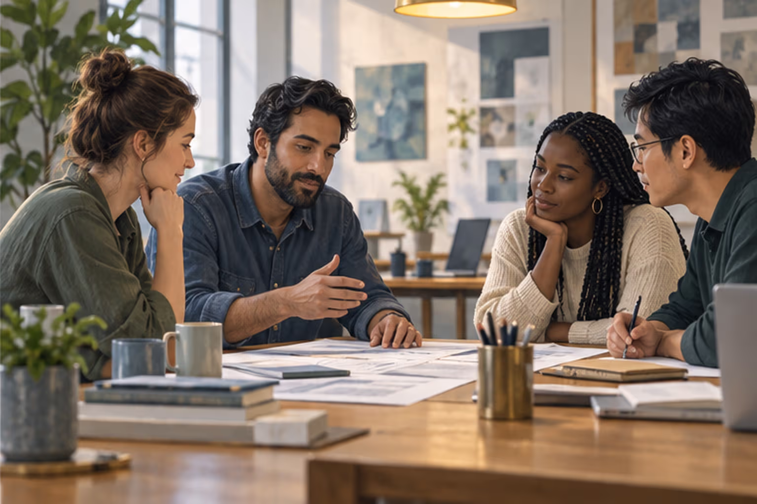 A small team calmly discusses a plan around a shared table.