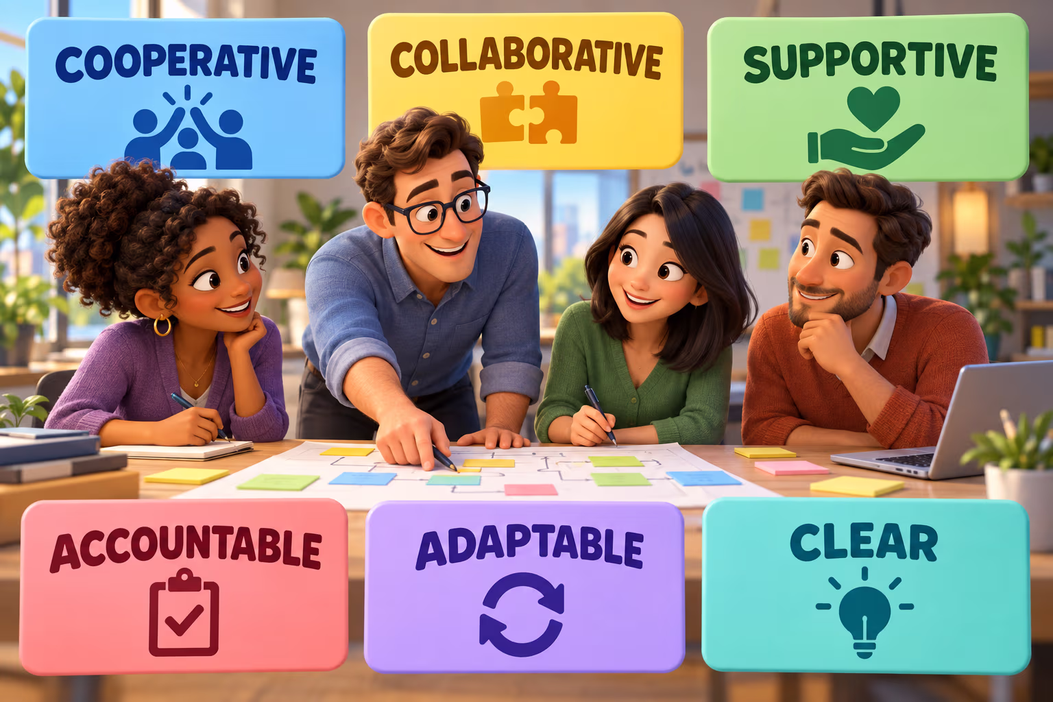 3D animated teamwork adjective cards labeled cooperative, collaborative, supportive, accountable, adaptable, and clear