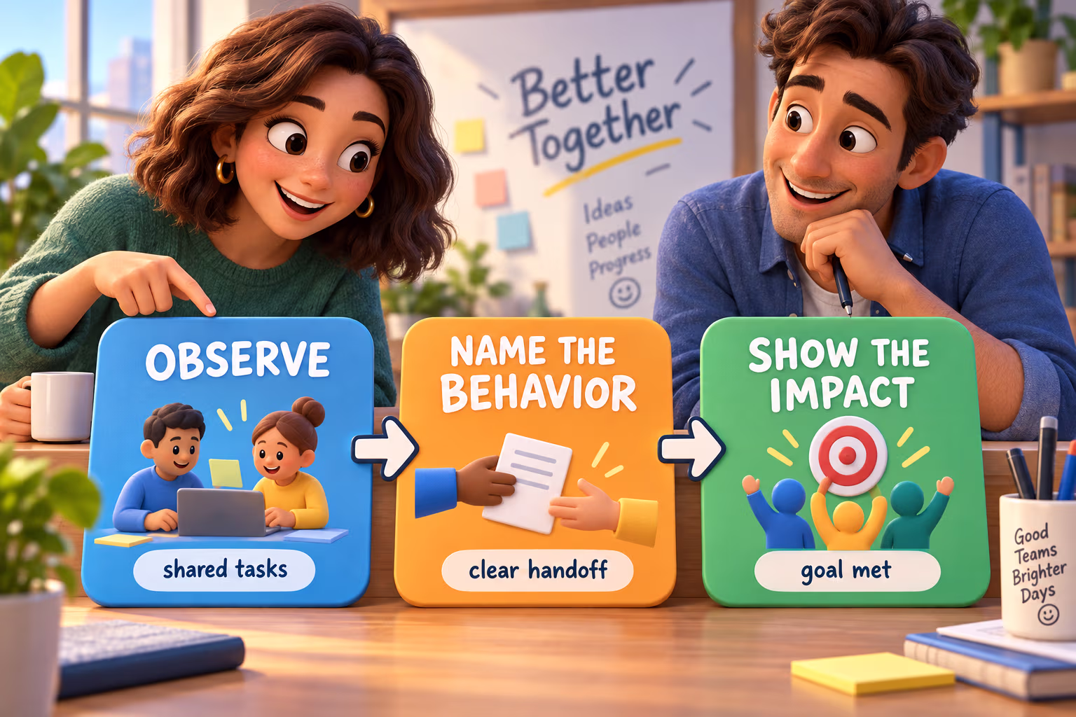 3D teamwork feedback sequence: observe, name the behavior, and show the impact, with shared tasks, a clear handoff, and a goal met