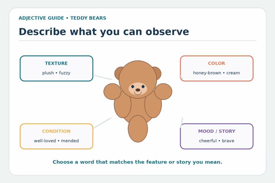 A teddy bear illustration surrounded by adjective groups for texture, color, condition, and imagined story mood.