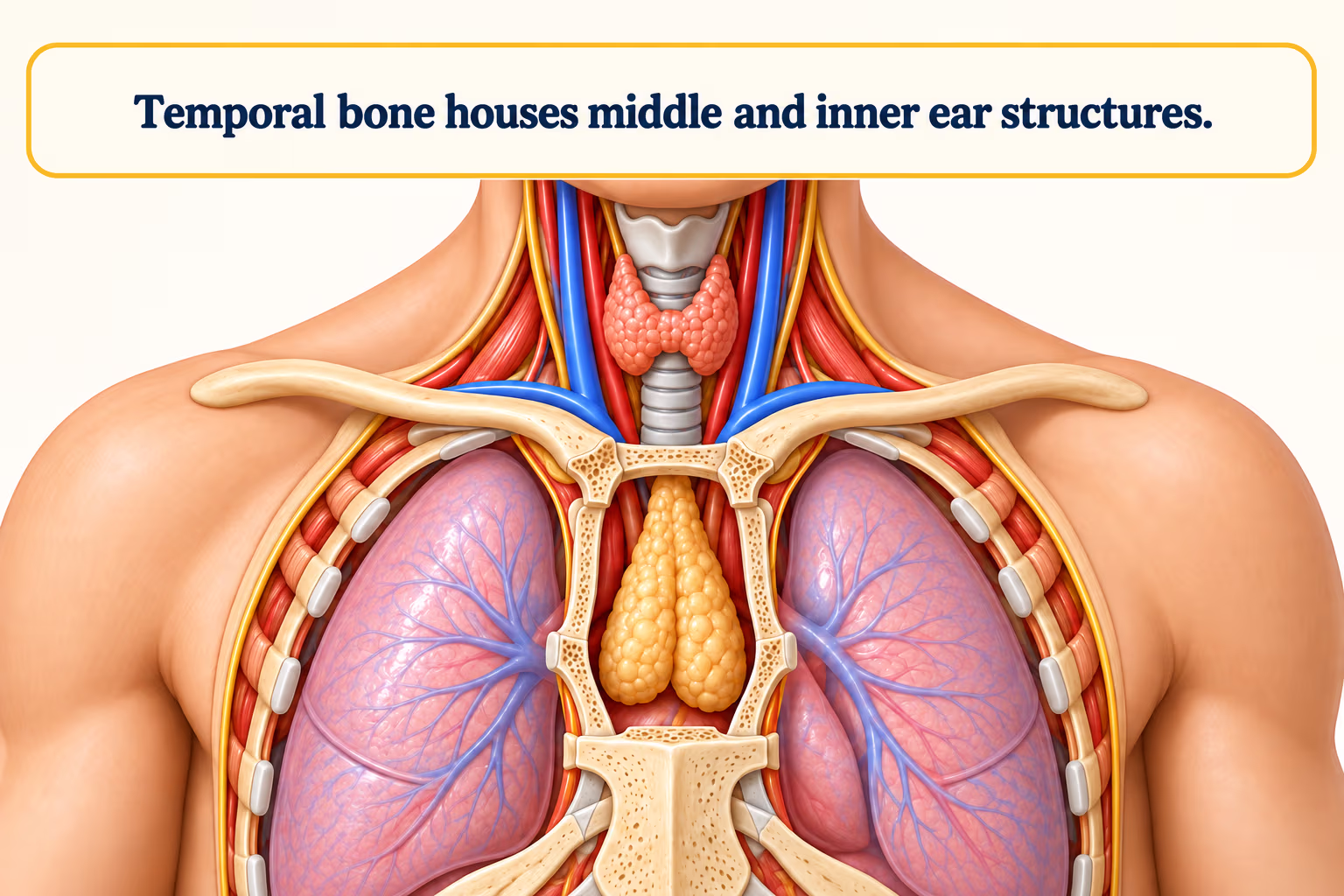 Side view of skull with temporal bone highlighted and a cutaway of the eardrum, ossicles, cochlea, and balance organs