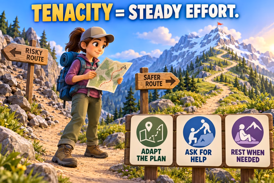 A hiker checks a map and chooses a safer route, with reminders to adapt the plan, ask for help, and rest.