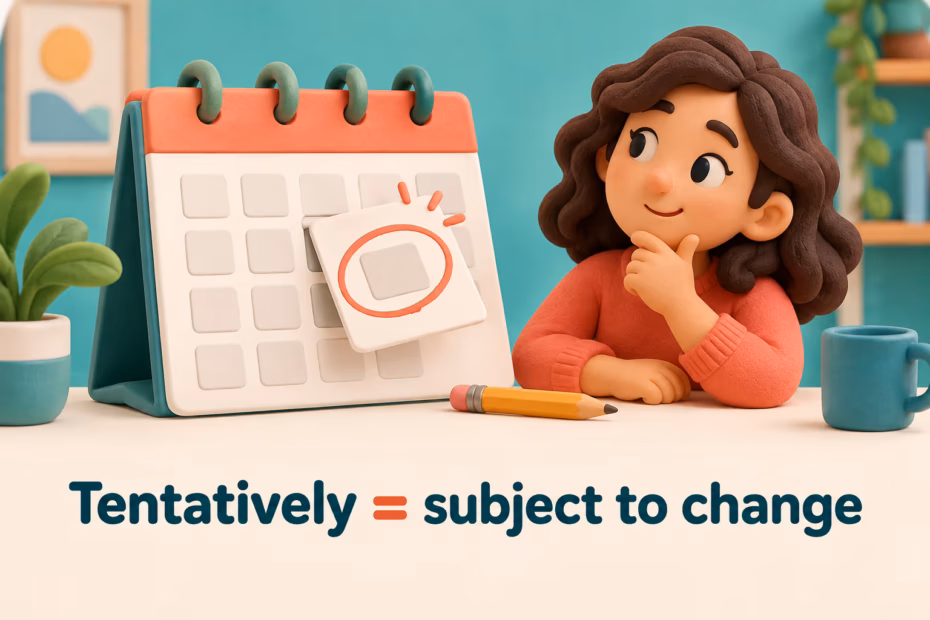 A calendar and thoughtful person illustrate a changeable plan. Tentatively = subject to change.