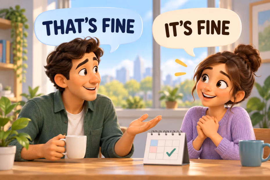 3D animated conversation: “That’s fine” and “It’s fine” in separate speech bubbles.
