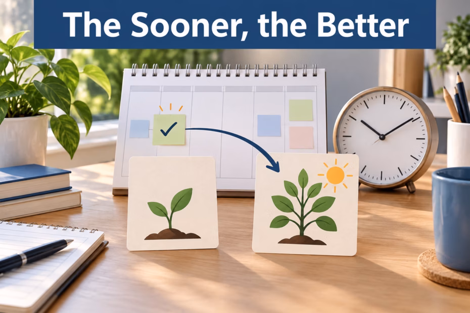 A calendar, clock, and two linked task cards illustrate how earlier timing can lead to a better result.
