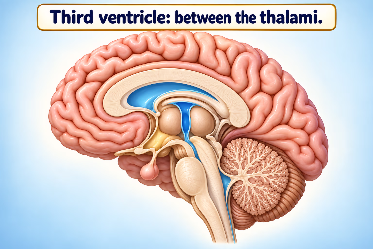 Midline brain illustration highlighting the third ventricle between the thalami and its continuity with the cerebral aqueduct