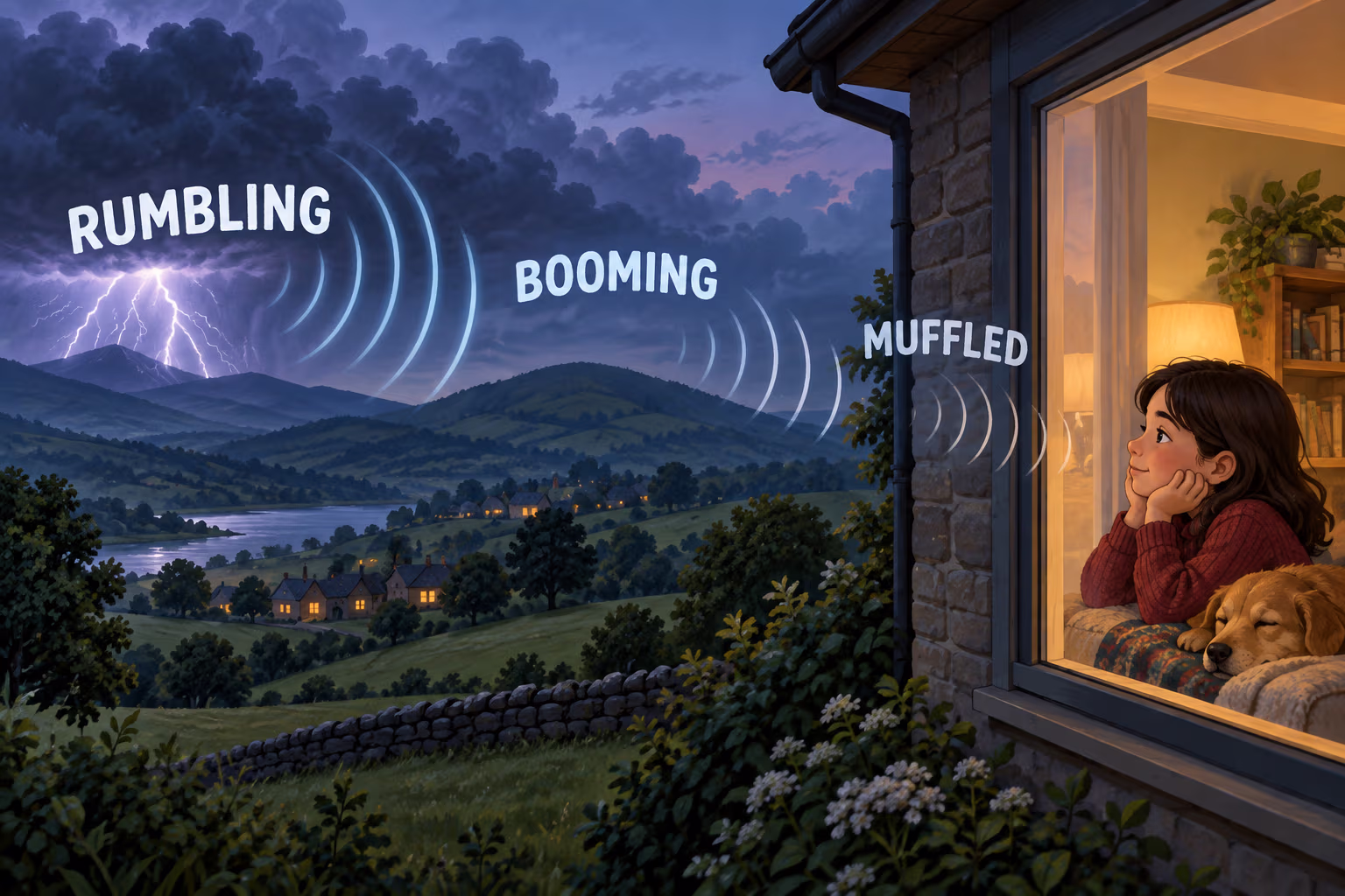 A thunderstorm seen from indoors with sound waves and the words rumbling, booming, and muffled.