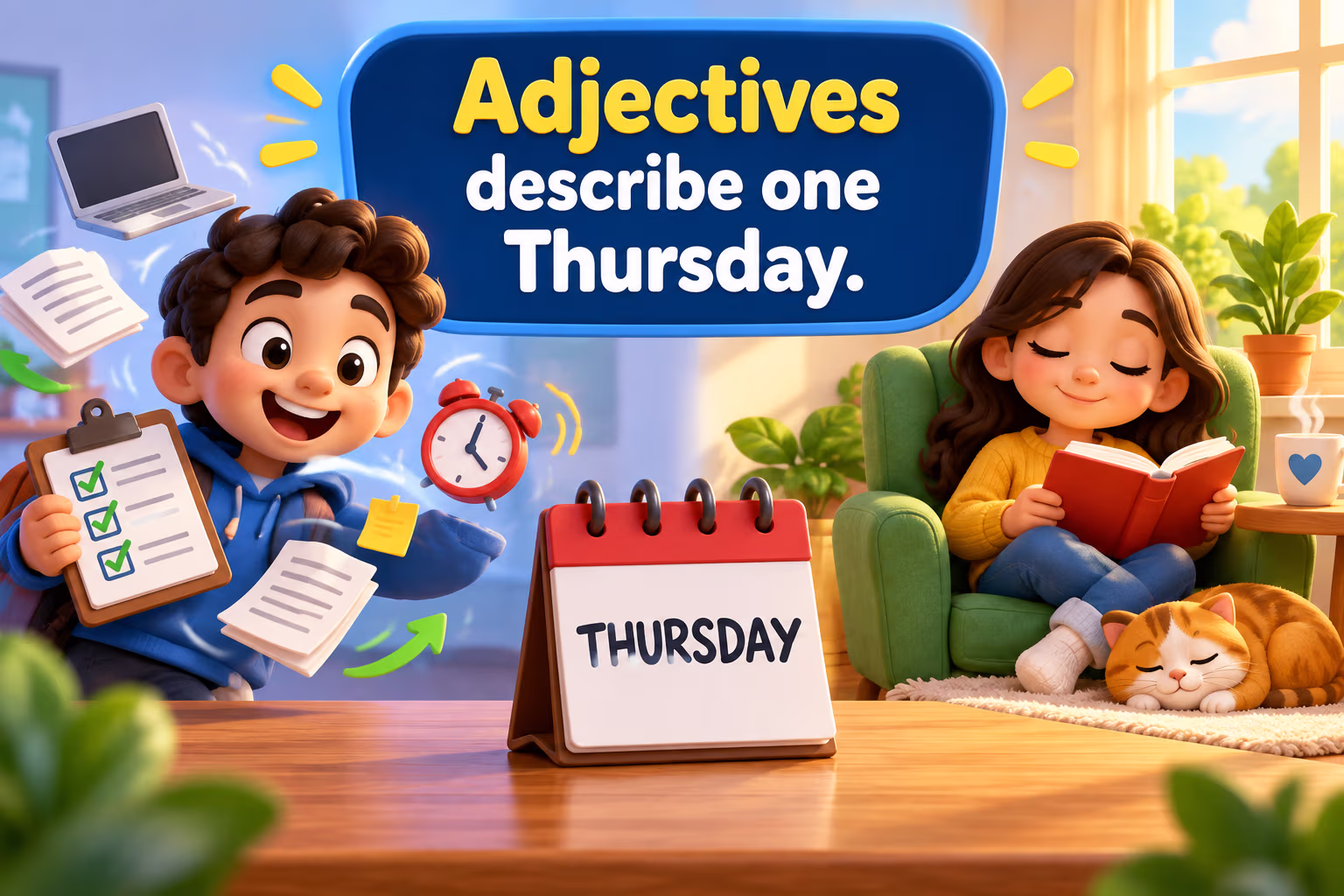 Contrasting scenes show two possible Thursdays. Text: “Adjectives describe one Thursday.”