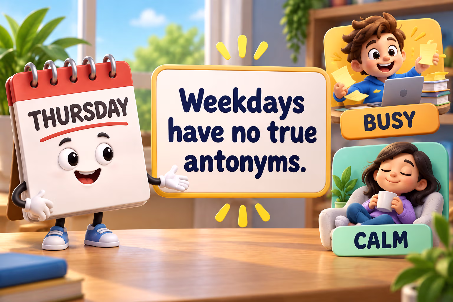 Thursday calendar next to busy and calm adjective tiles. Text: “Weekdays have no true antonyms.”