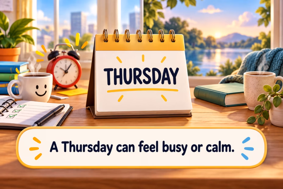 Thursday calendar with a busy planner and a calm reading scene. Text: “A Thursday can feel busy or calm.”