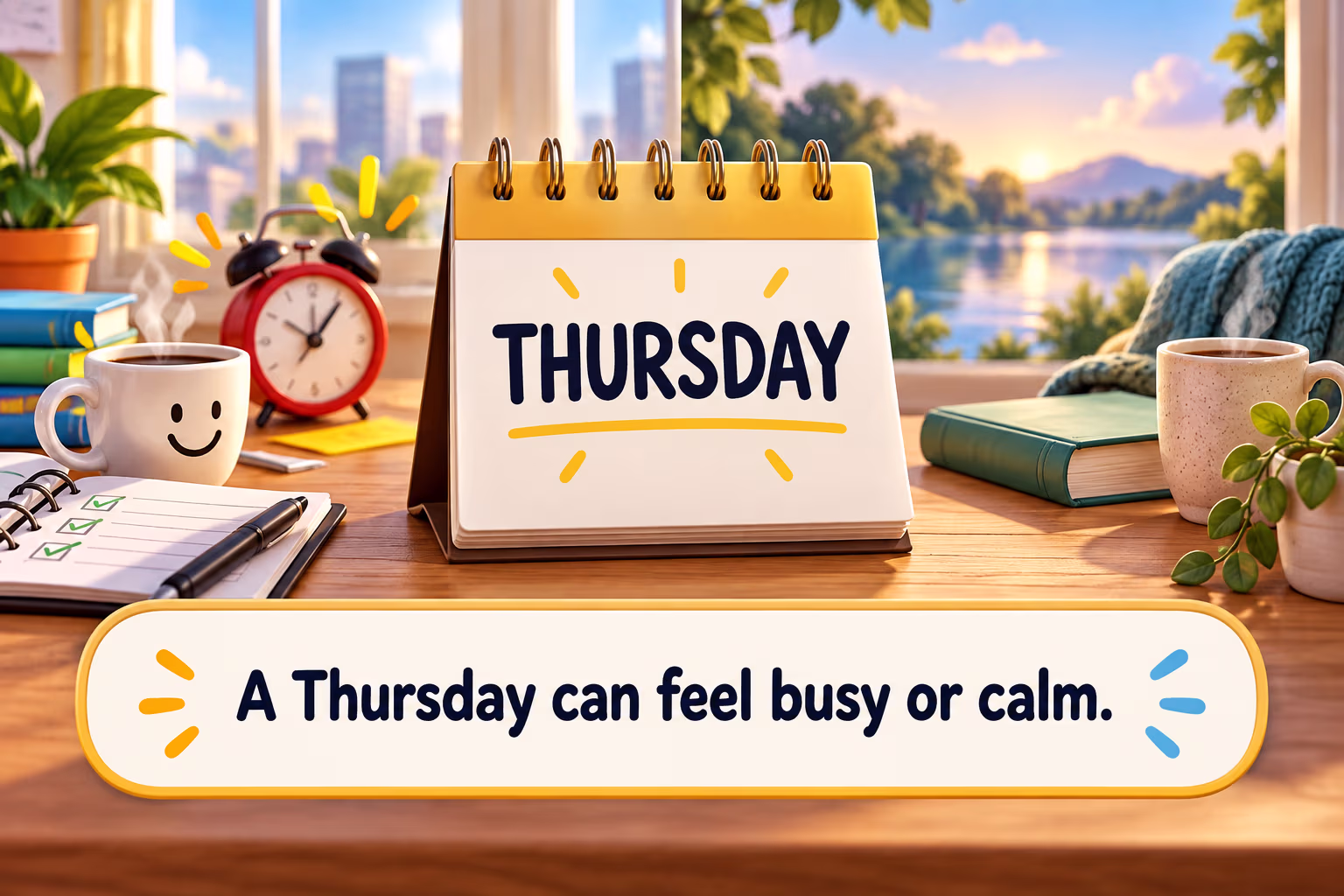 Thursday calendar with a busy planner and a calm reading scene. Text: “A Thursday can feel busy or calm.”