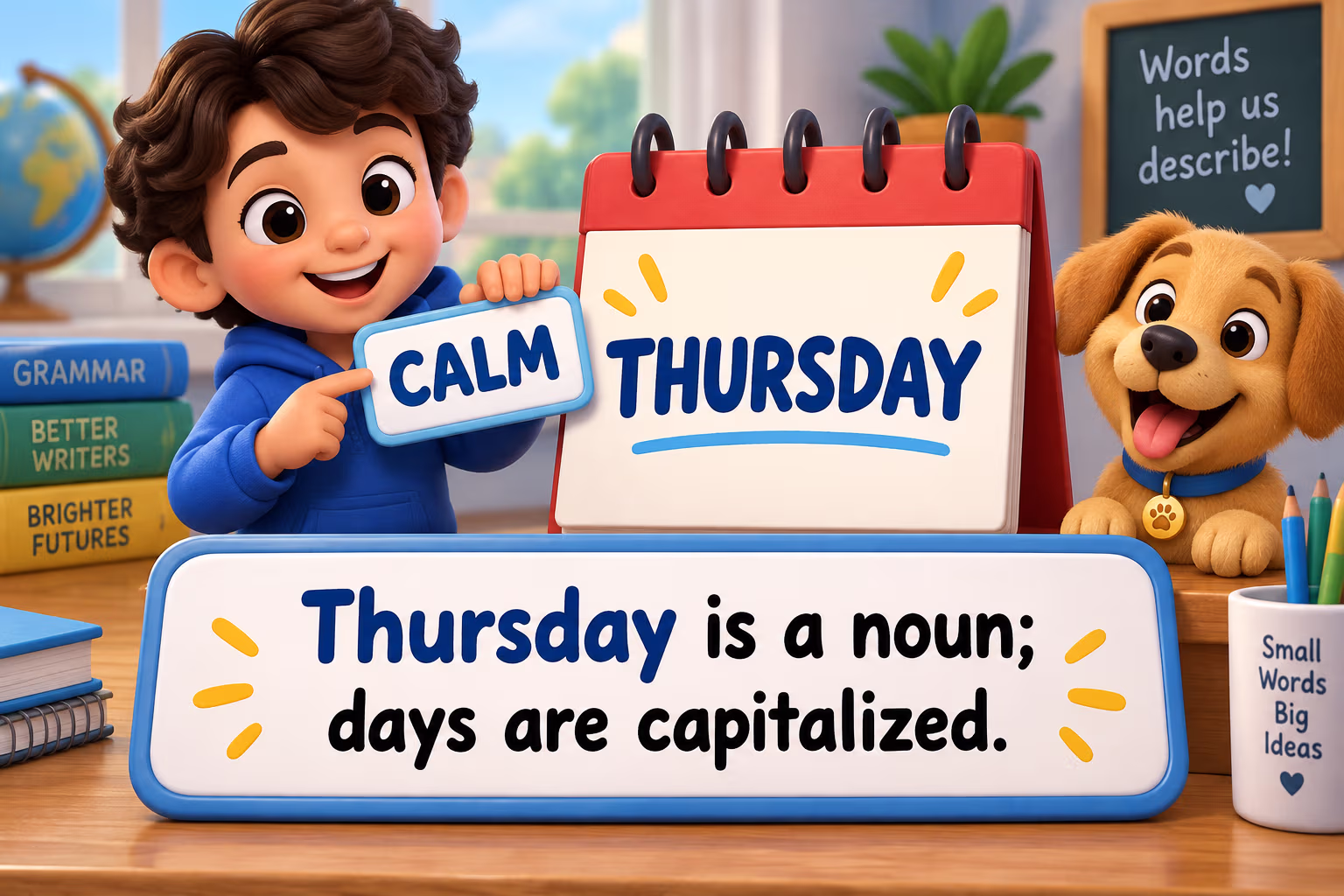 Calendar shows Thursday with calm as its adjective. Text: “Thursday is a noun; days are capitalized.”