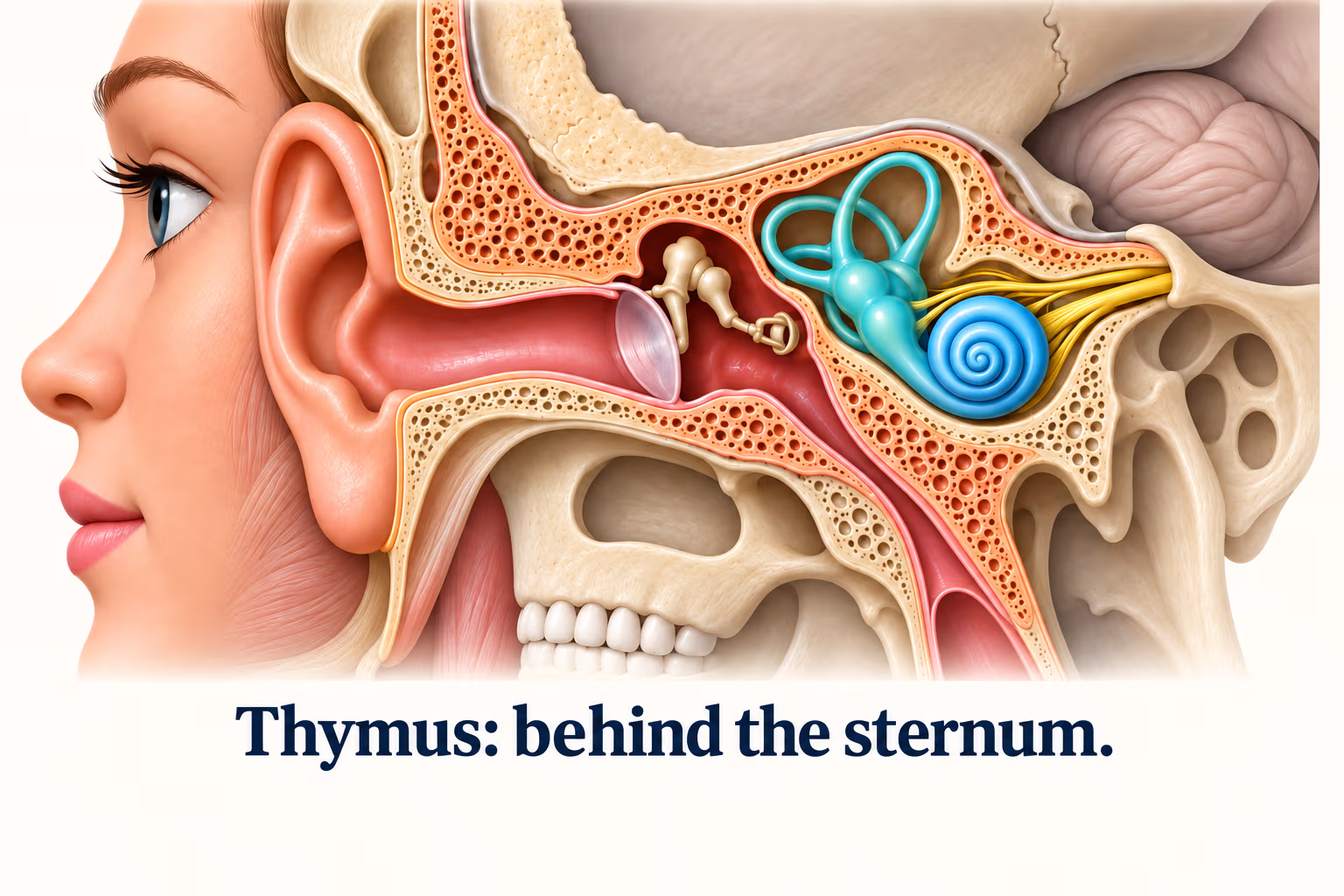 Neck and upper chest anatomy showing the thyroid gland around the trachea and thymus behind the sternum