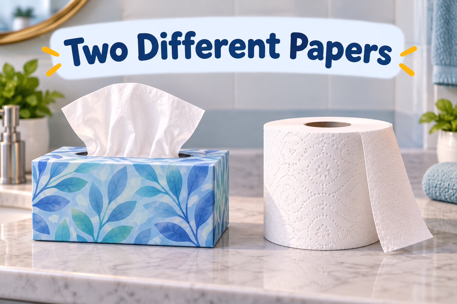 A box of facial tissues and a separate toilet-paper roll illustrate two different bathroom paper products.