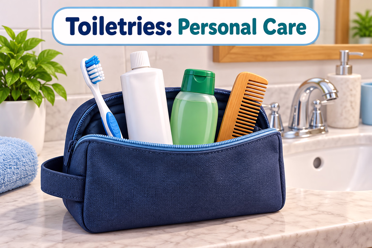 A toiletry bag groups a toothbrush, toothpaste, shampoo, and comb as personal-care items.