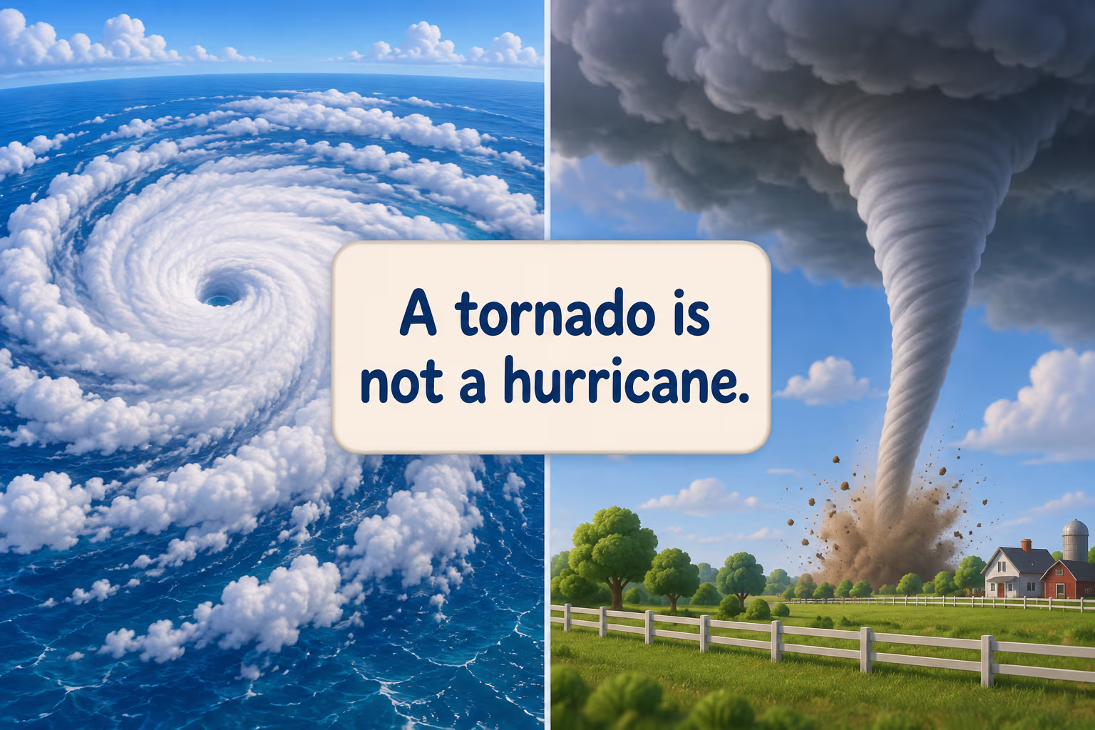 A tornado is not a hurricane. Side-by-side cartoon shows a tropical cyclone over water and tornado over land.